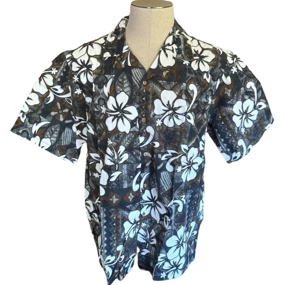 Hawaii Gray And White Floral Print Cotton Aloha Shirt Size XL